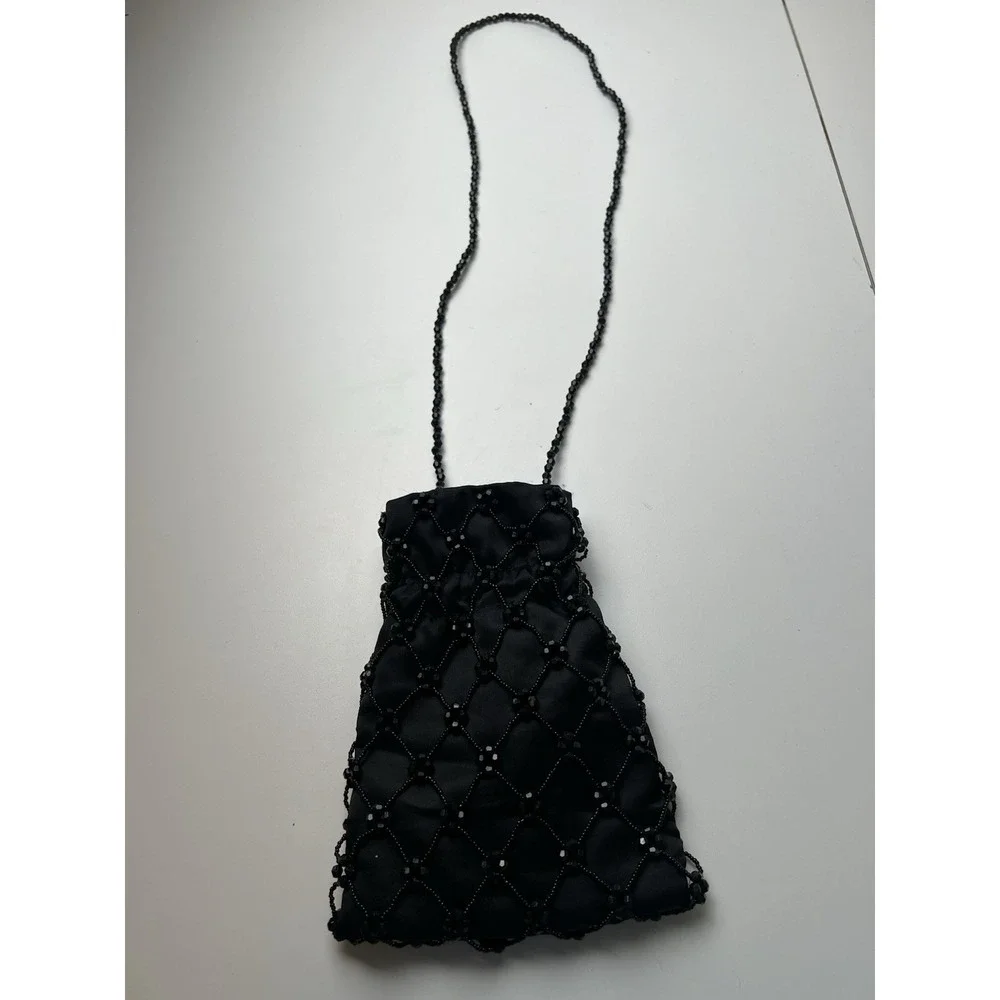 Magid Small  Black Beaded Handbag Drawstring Close Crossbody Evening Bag Vintage